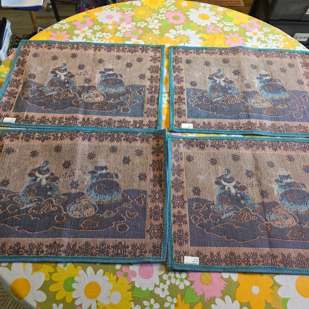 Snowman Snowball Fight Tapestry Placemats Set of 4 Blue Woven Snowflake Border
